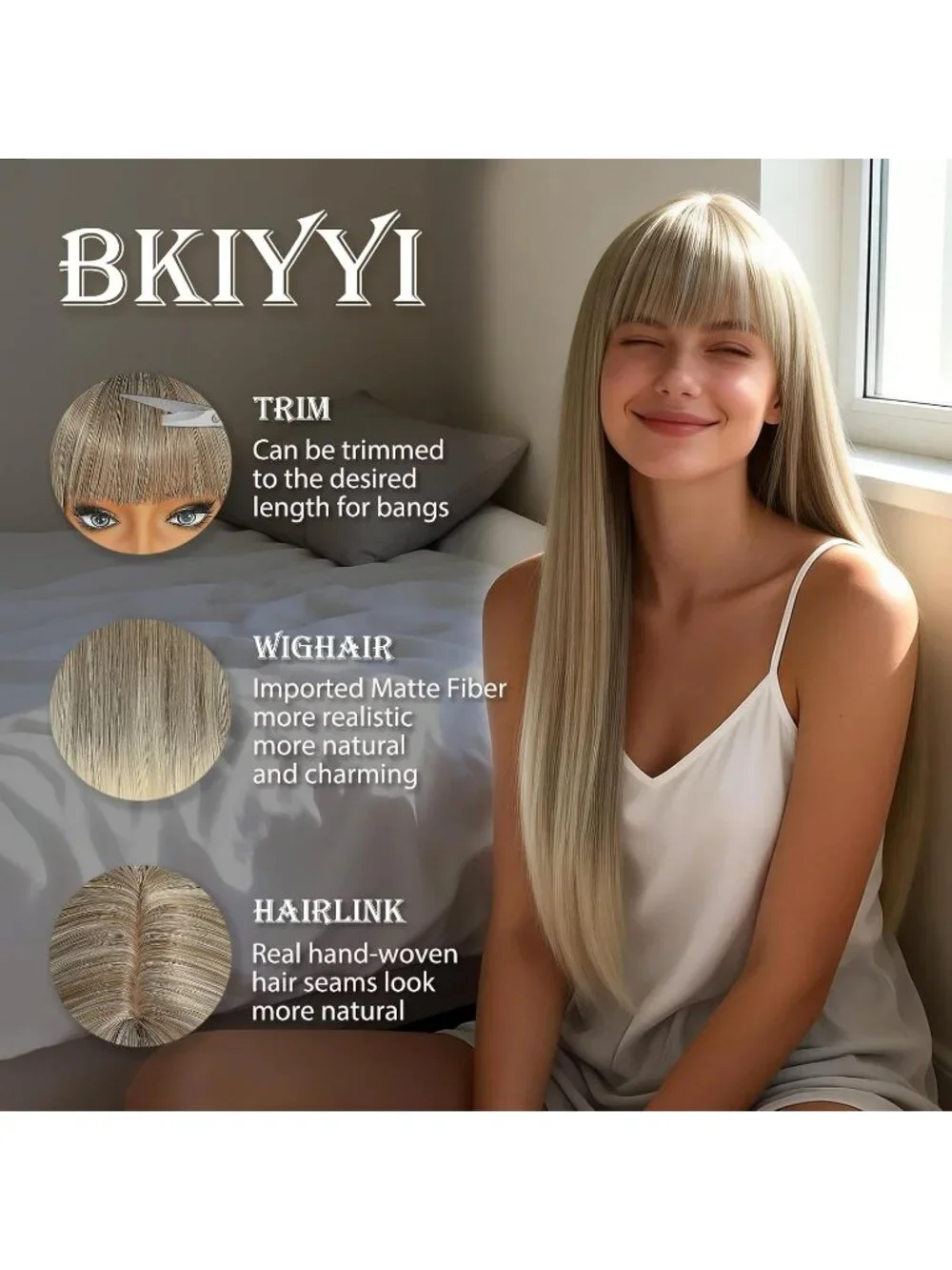 Women's Ashy Blonde 24 Inch Heat Resistant Synthetic Long Straight Bangs Wig